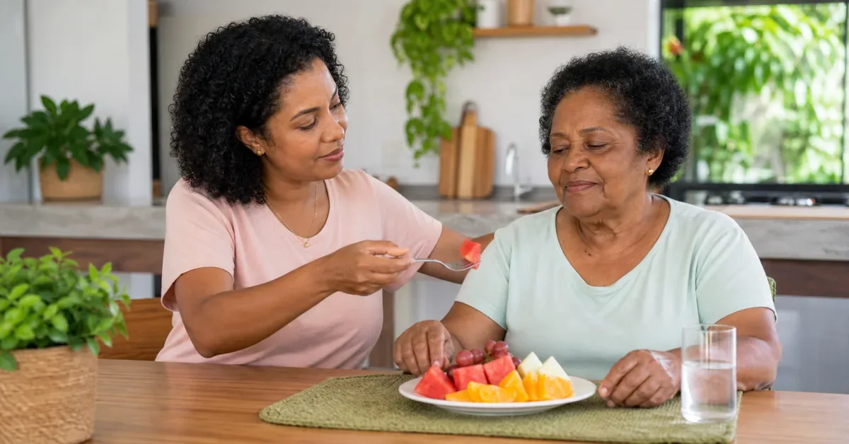 Cuidador acompanhando idoso diante de frutas suculentas cortadas