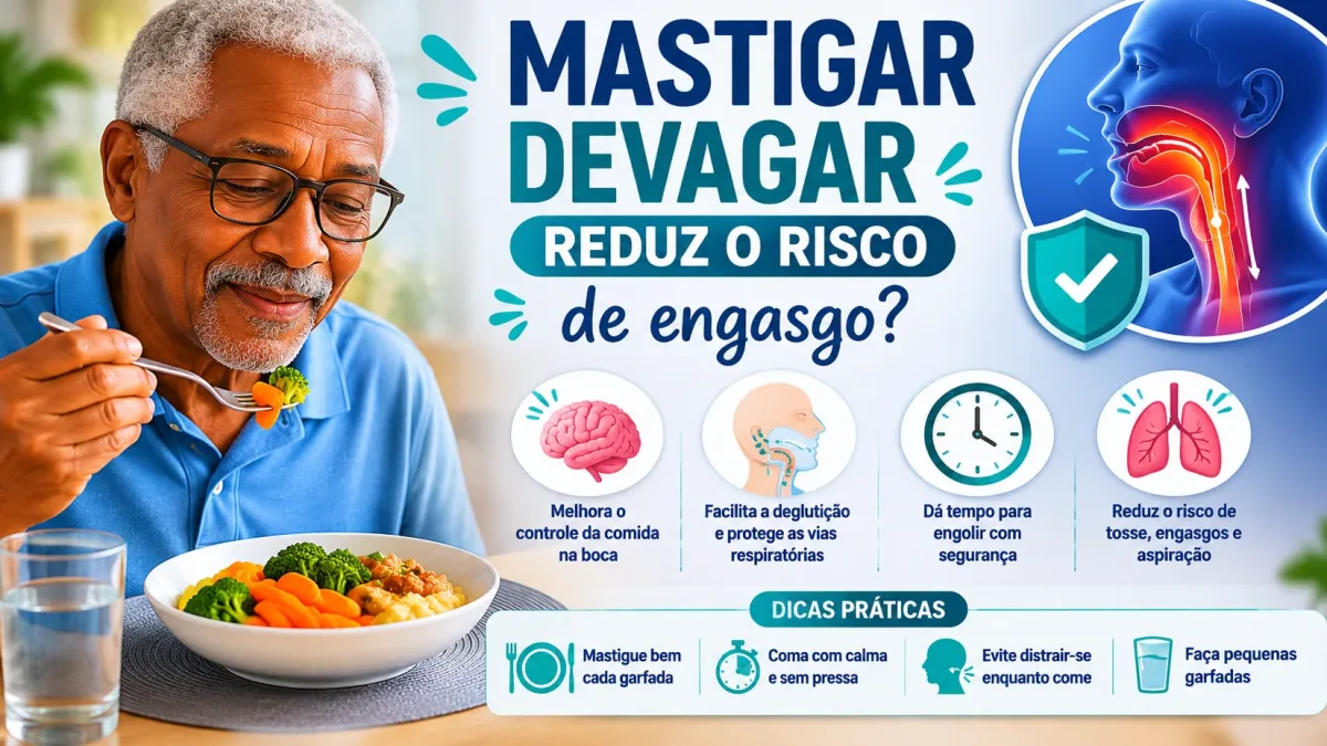 Pessoa mastigando devagar para reduzir risco de engasgo