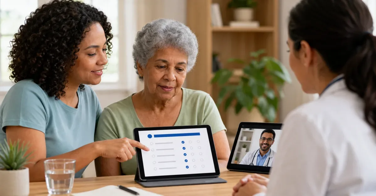 Cuidador e idoso usando tablet para rastreio online de disfagia